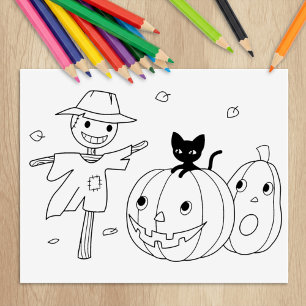 Halloween Pumpkins and Scarecrow Colouring Page Rubber Stamp