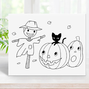 Halloween Pumpkins and Scarecrow Colouring Page Rubber Stamp