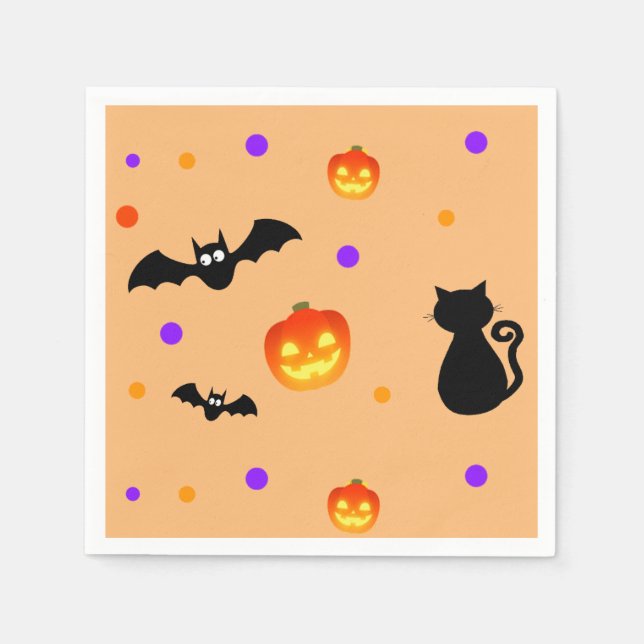 Halloween pumpkins, bats & cat on white napkin (Front)
