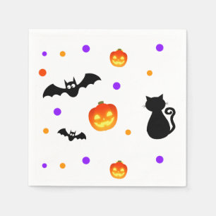 Halloween pumpkins, bats & cat on white napkin