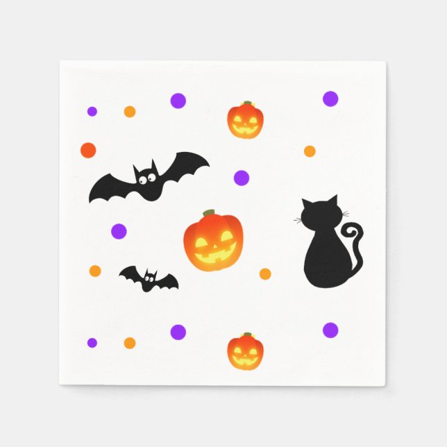 Halloween pumpkins, bats & cat on white napkin (Front)