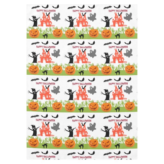 Halloween Pumpkins, Bats, Frightful Tree and Ghost Tablecloth (Front)