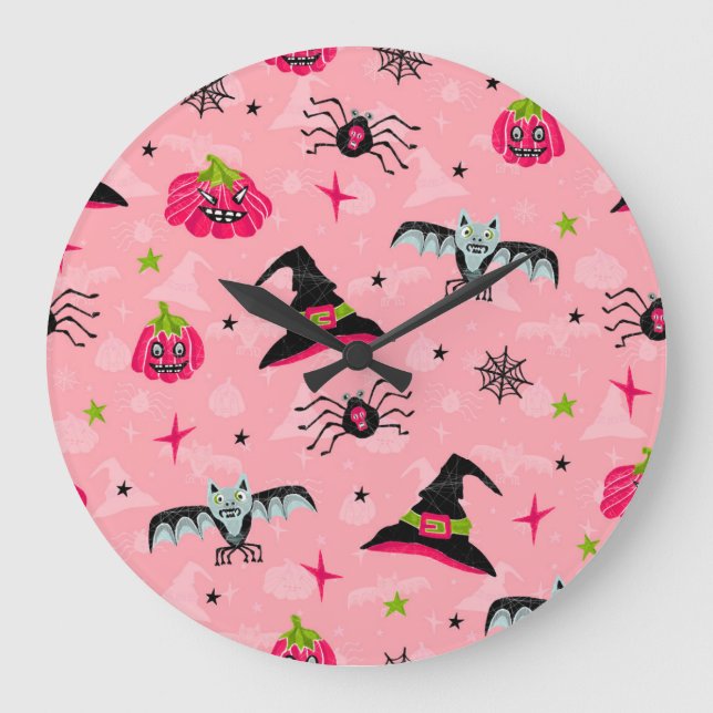 Halloween pumpkins, bats: seamless background. large clock (Front)