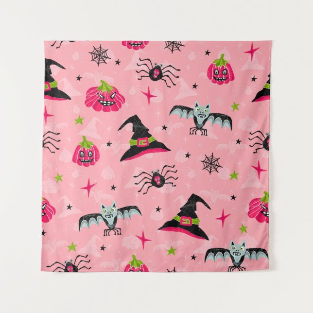 Halloween pumpkins, bats: seamless background. tapestry (Front)