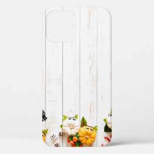 Halloween pumpkins, bats, spider top view. iPhone 12 case