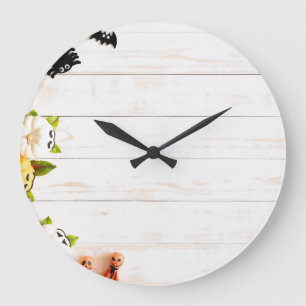 Halloween pumpkins, bats, spider top view. large clock