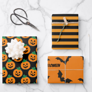 Halloween Pumpkins Bats Stripes Orange Black Wrapping Paper Sheet