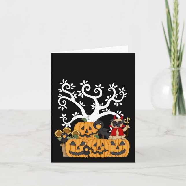Halloween Pumpkins, Black Birds and Pug Dog Card (Front)