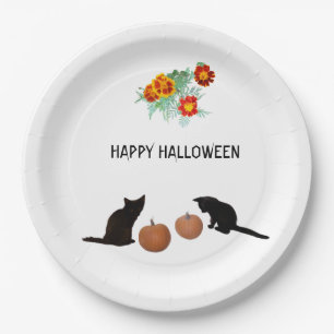 Halloween Pumpkins, Black Cats, Marigolds  Paper Plate
