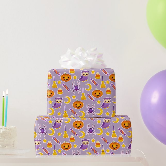 Halloween Pumpkins Candy Owls Purple Pattern Wrapping Paper (Party Gifts)