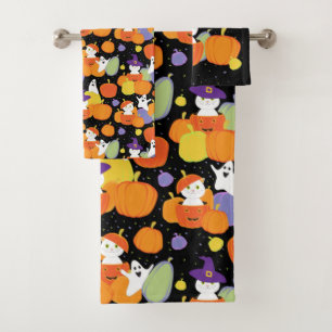 Halloween Pumpkins Cats and Ghosts Colourful Pat Bath Towel Set
