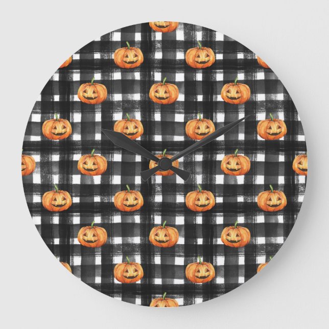 Halloween Pumpkins: Chequered Charm. Large Clock (Front)