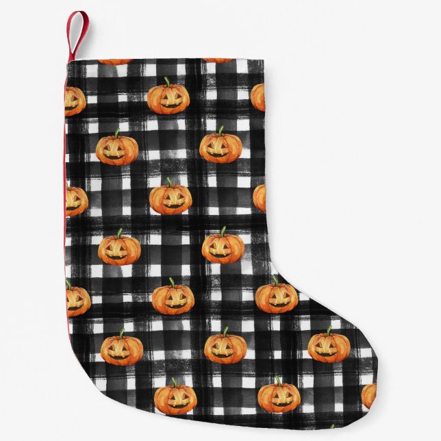 Halloween Pumpkins: Chequered Charm. Small Christmas Stocking (Front)