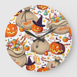 Halloween pumpkins, colourful sweets, seamless pat large clock