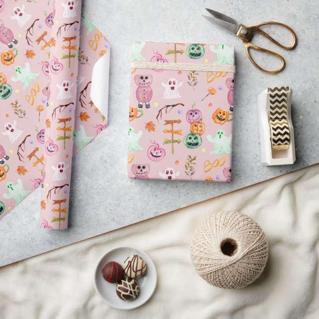 Halloween Pumpkins, Ghost, Monsters Pink  Wrapping Paper (Crafts)