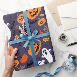 HALLOWEEN PUMPKINS GHOSTS AND BATS WRAPPING PAPER
