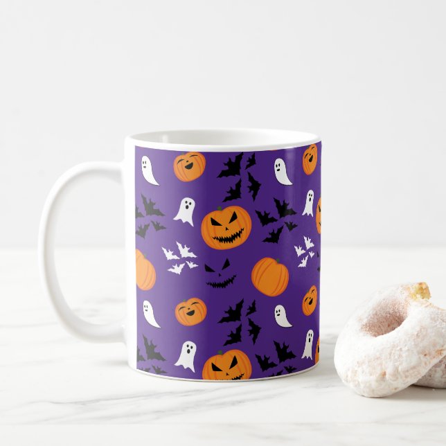Halloween pumpkins ghosts bats fun purple pattern coffee mug (With Donut)