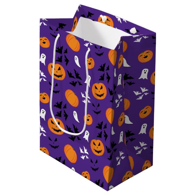 Halloween pumpkins ghosts bats fun purple pattern medium gift bag (Front Angled)