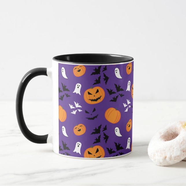 Halloween pumpkins ghosts bats fun purple pattern mug (With Donut)