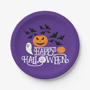 Halloween pumpkins ghosts bats fun purple pattern paper plate