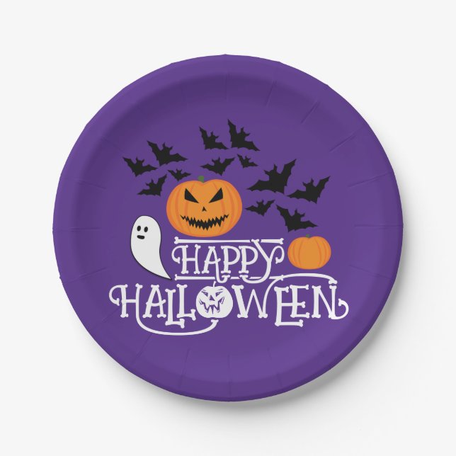 Halloween pumpkins ghosts bats fun purple pattern paper plate (Front)