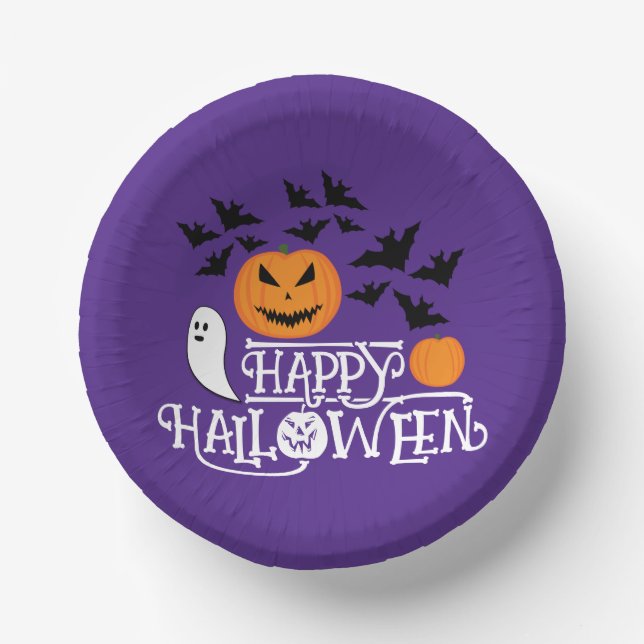 Halloween pumpkins ghosts bats fun purple pattern paper plate (Front)