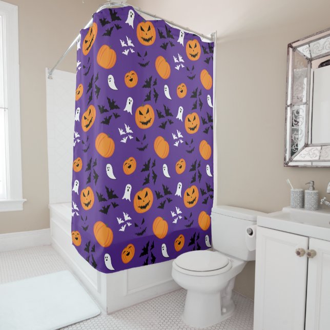 Halloween pumpkins ghosts bats fun purple pattern shower curtain (In Situ)