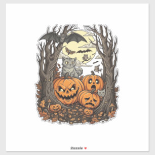 Halloween Pumpkins Grey Cat Bat Full Moon Woods