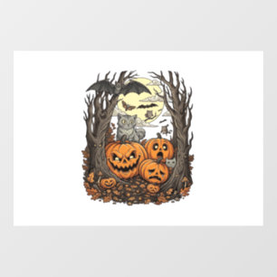Halloween Pumpkins Grey Cat Bat Full Moon Woods