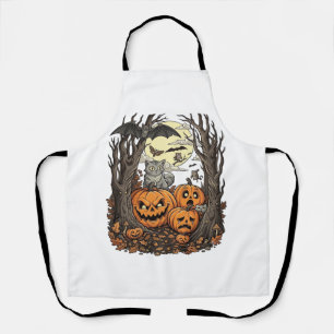 Halloween Pumpkins Grey Cat Bat Full Moon Woods Apron