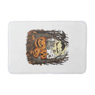 Halloween Pumpkins Grey Cat Bat Full Moon Woods Bath Mat