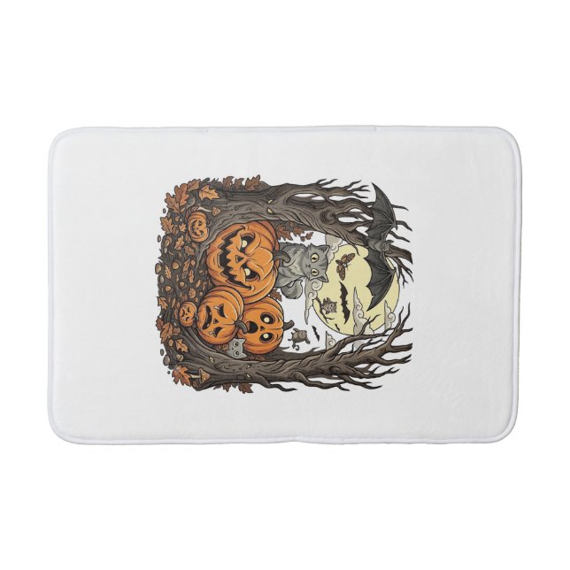 Halloween Pumpkins Grey Cat Bat Full Moon Woods Bath Mat (Front)