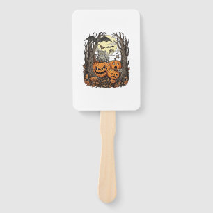 Halloween Pumpkins Grey Cat Bat Full Moon Woods Hand Fan