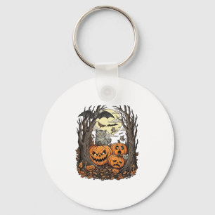 Halloween Pumpkins Grey Cat Bat Full Moon Woods Key Ring