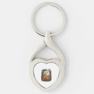 Halloween Pumpkins Grey Cat Bat Full Moon Woods Key Ring