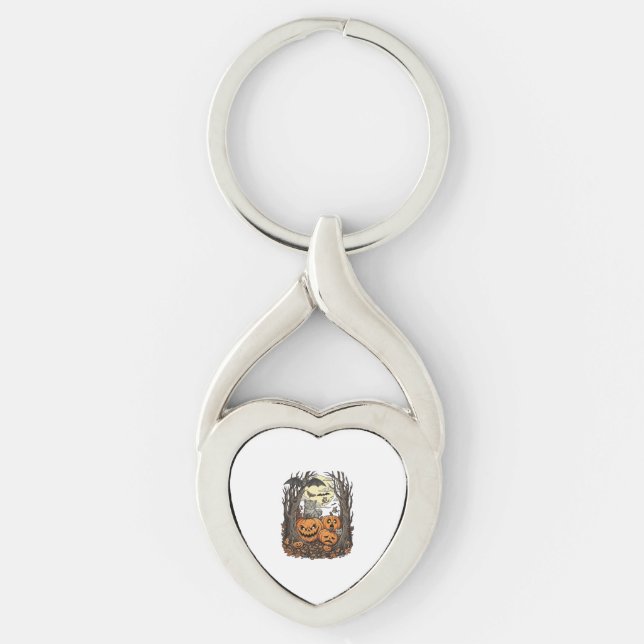 Halloween Pumpkins Grey Cat Bat Full Moon Woods Key Ring (Front)