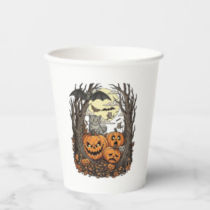 Halloween Pumpkins Grey Cat Bat Full Moon Woods Paper Cups