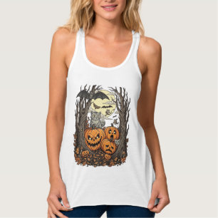 Halloween Pumpkins Grey Cat Bat Full Moon Woods Singlet