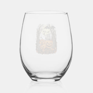 Halloween Pumpkins Grey Cat Bat Full Moon Woods Stemless Wine Glass
