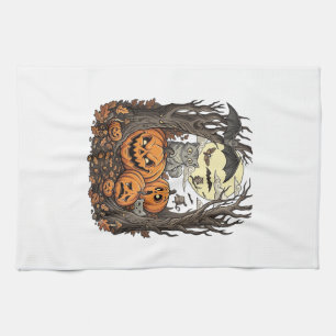 Halloween Pumpkins Grey Cat Bat Full Moon Woods Tea Towel