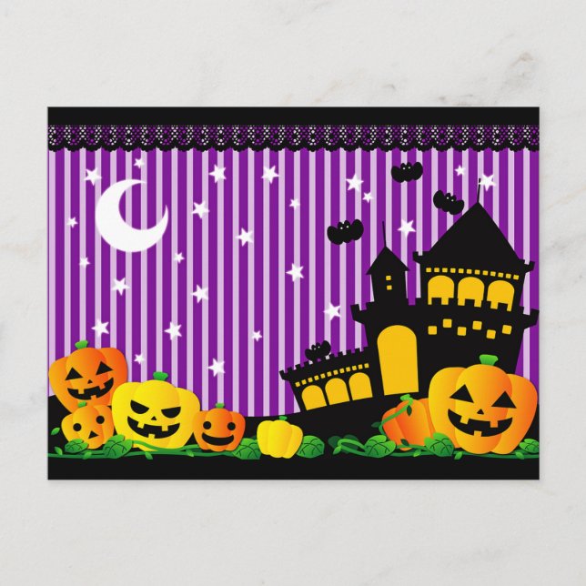 Halloween Pumpkins, Haunted House and Bats Postcard (Front)