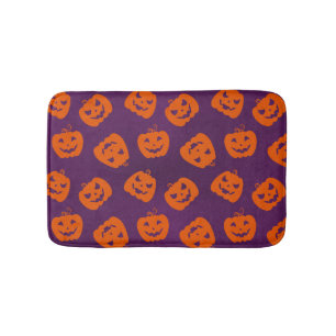 Halloween Pumpkins on Purple Background Pattern Bath Mat