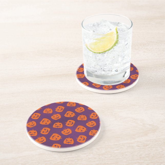 Halloween Pumpkins on Purple Background Pattern Coaster (Side)