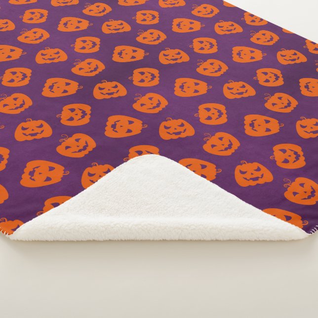 Halloween Pumpkins on Purple Background Pattern Sherpa Blanket (3/4)