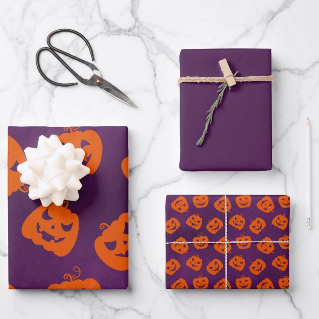 Halloween Pumpkins on Purple Background Pattern Wrapping Paper Sheet (Front)