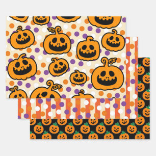 Halloween Pumpkins Orange Black Theme Wrapping Paper Sheet