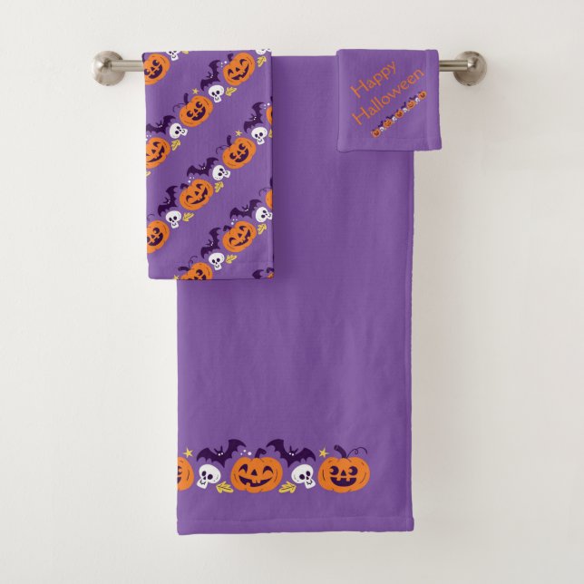 Halloween Pumpkins, Skulls and Bats Bath Towel Set (Insitu)