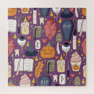 Halloween pumpkins, witchy seamless pattern. jigsaw puzzle
