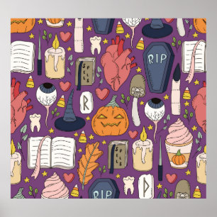 Halloween pumpkins, witchy seamless pattern. poster