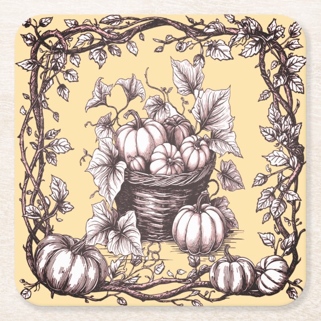 Halloween Pumpkins with Autumn Leaves Square Paper Coaster (Front)